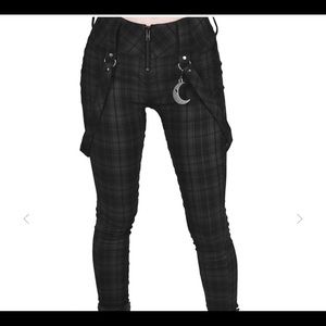 KillStar like silk, tartan plaid bondage pants.